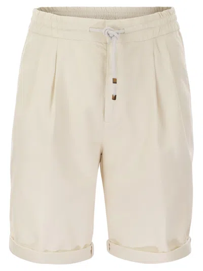 Brunello Cucinelli Bermuda Shorts In Garment-dyed Cotton Gabardine With Drawstring And Double Darts In White
