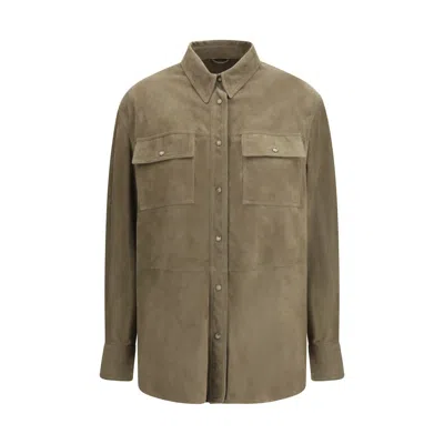 Brunello Cucinelli Bicolor Calf Leather Bos Taurus Dress Shirt In Green