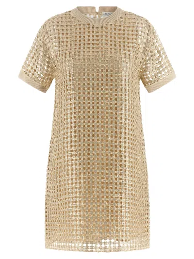 Brunello Cucinelli Bicolor Silk Short Women's Dress In Gold