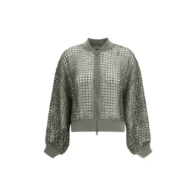 Brunello Cucinelli Bicolor Silk Bomber In Green