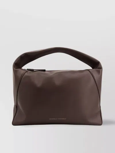 Brunello Cucinelli Big Hobo Leather Shoulder Bag With Top Handle In Brown