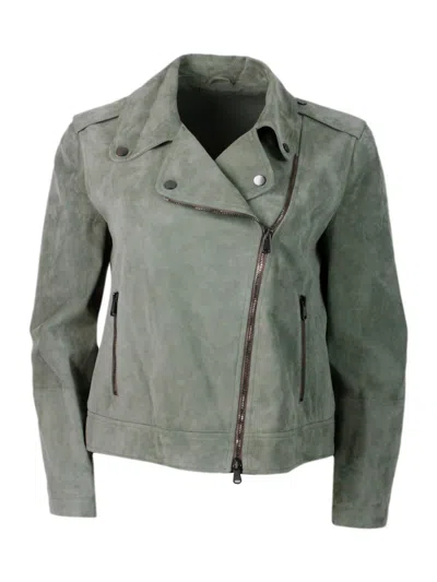 BRUNELLO CUCINELLI BRUNELLO CUCINELLI BIKER JACKET IN PRECIOUS AND SOFT SUEDE WITH ROWS OF BRILLIANT MONILI BEHIND THE 