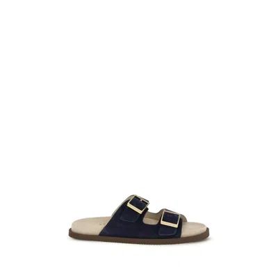 BRUNELLO CUCINELLI BLACK CALF LEATHER BOS TAURUS FLAT SANDALS