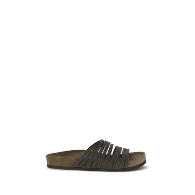 Brunello Cucinelli Black Calf Leather Bos Taurus Flat Women's Sandals In Gray