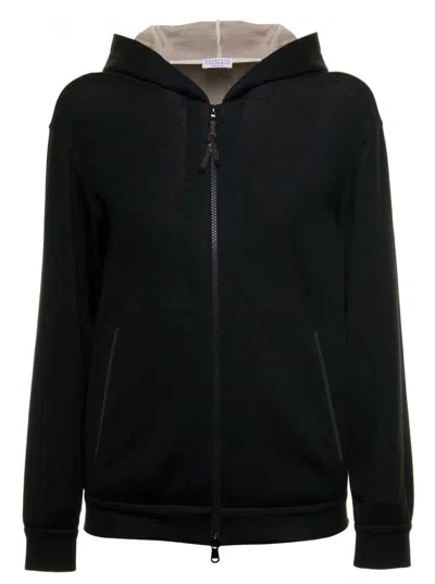 Brunello Cucinelli Black Cotton And Silk Hoodie With Monile Insert