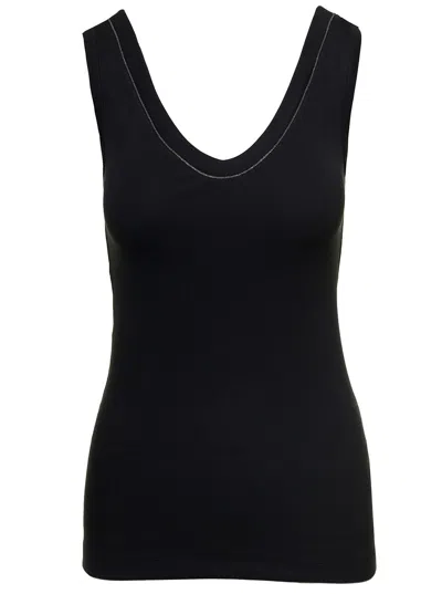 BRUNELLO CUCINELLI BRUNELLO CUCINELLI WOMEN BLACK COTTON TANK TOP WITH MONILE INSERT