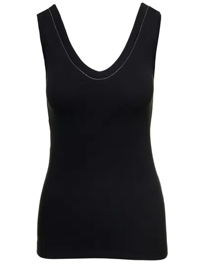 Brunello Cucinelli Black Cotton Tank Top With Monile Insert
