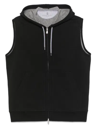 Brunello Cucinelli Black Cotton Zipped Sleeveless Hoodie