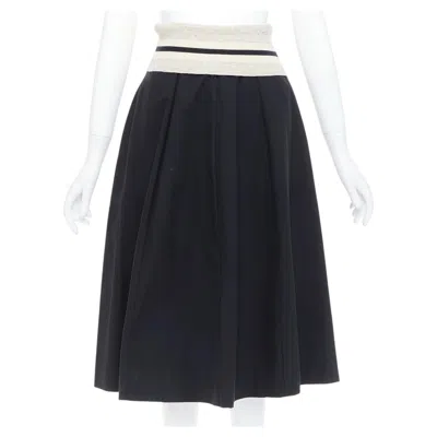 Pre-owned Brunello Cucinelli Black Cream Cotton Blend Foldover Waist Midi Skirt It38 Xs In White