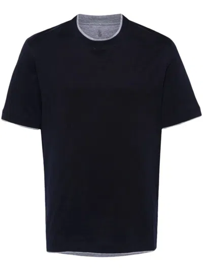 Brunello Cucinelli Cotton Jersey Crew Neck T-shirt With Faux-layering In Blue
