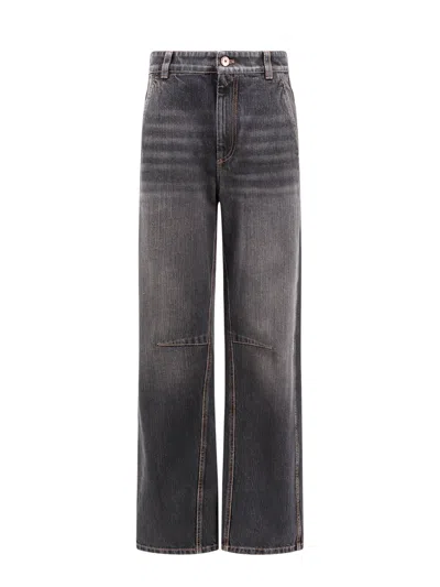 Brunello Cucinelli Black Denim Trouser With Leather Logo Tag In Multicolor