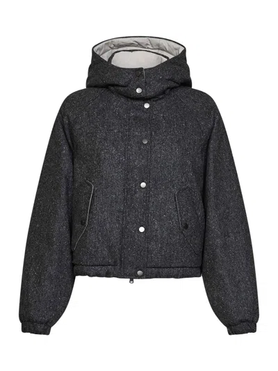 Brunello Cucinelli Black Donegal Hooded Down Jacket With Shiny Zipper Pull