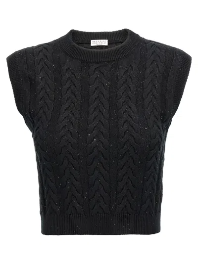 BRUNELLO CUCINELLI BLACK DOUBLE CABLE DAZZLING VEST