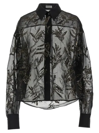 Brunello Cucinelli Black Flora Embroidered Silk Shirt