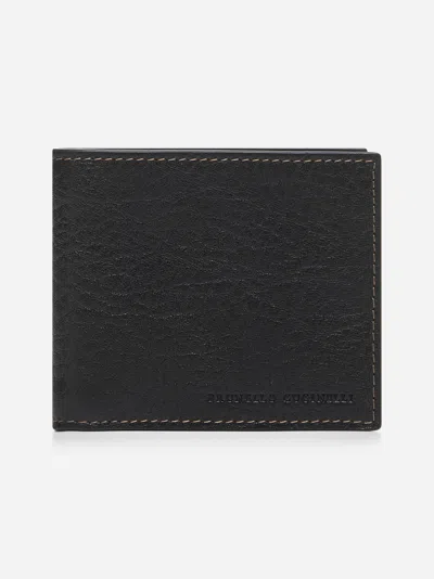 Brunello Cucinelli Leather Bi-fold Wallet Contrast Stitching In Black