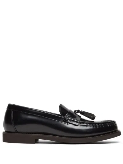 BRUNELLO CUCINELLI BRUNELLO CUCINELLI BLACK LEATHER MOCCASINS WITH MONILI CHAIN