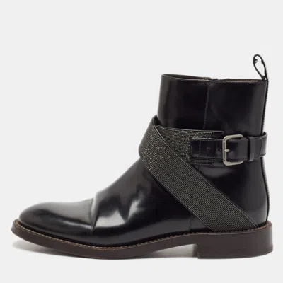 Pre-owned Brunello Cucinelli Black Leather Monili Combat Boots Size 35