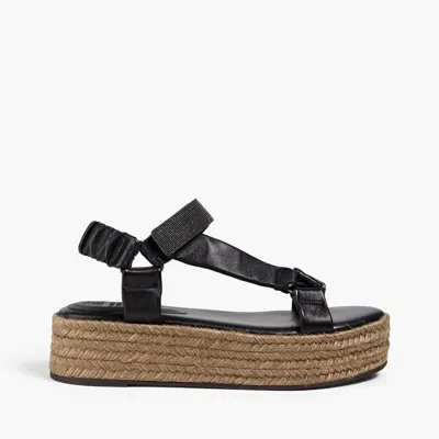 Pre-owned Brunello Cucinelli Black Leather Monili Platform Espadrille Sandals Shoes 38