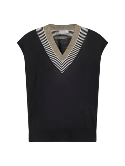Brunello Cucinelli Black Lightweight Knit Vest With Sparkling Neckline