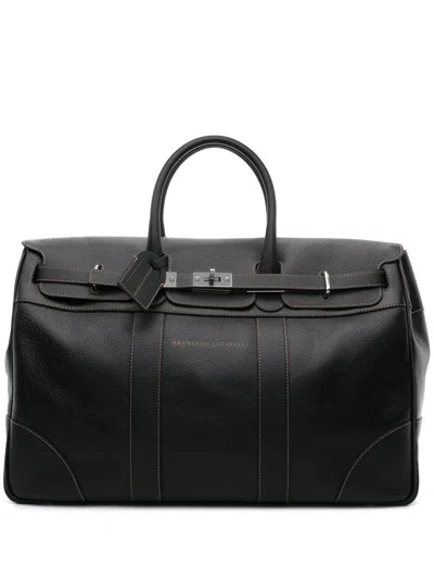 Brunello Cucinelli Black Logo Print Leather Travel Bag
