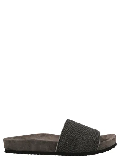 BRUNELLO CUCINELLI GREY SUEDE SLIDES