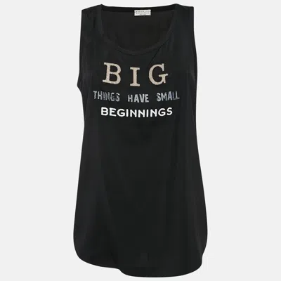 Pre-owned Brunello Cucinelli Black Printed Silk Monili Bead Detail Tank Top M