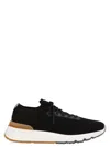 Brunello Cucinelli Cotton Knit And Semi-polished Calfskin Runner Sneakers In Black
