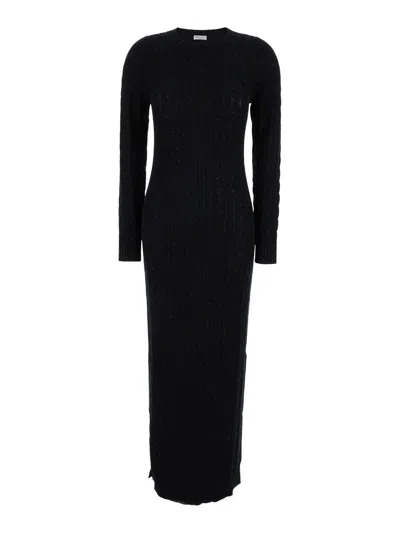 Brunello Cucinelli Black Sequin Embellished Cable Knit Dress In Cotton Blend Woman