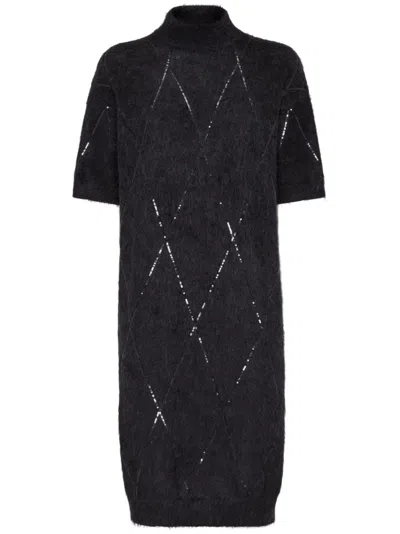 Brunello Cucinelli Black Sequin Mock Neck Dress