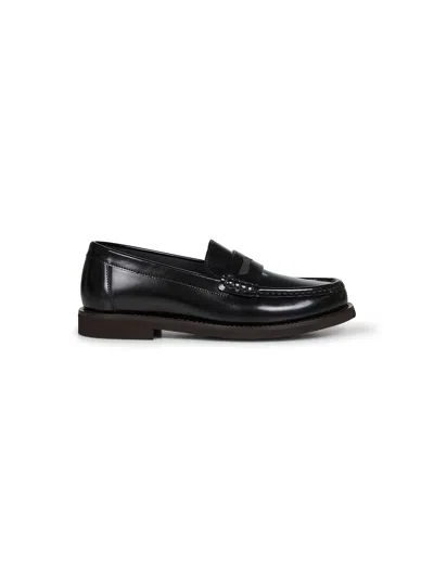 Brunello Cucinelli Black Shiny Calfskin Embroidered Penny Loafer