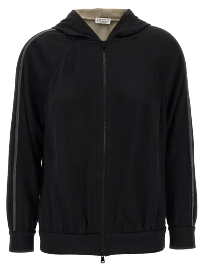 BRUNELLO CUCINELLI BLACK SHINY TRIMS HOODIE