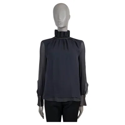 Pre-owned Brunello Cucinelli Black Silk Monili Trim High-neck Blouse Shirt Xs