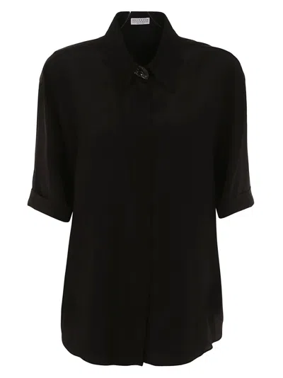 Brunello Cucinelli Black Silk Short Sleeve Shirt