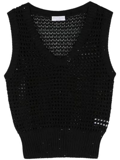 Brunello Cucinelli Black Sleeveless Top With Deep V-neckline