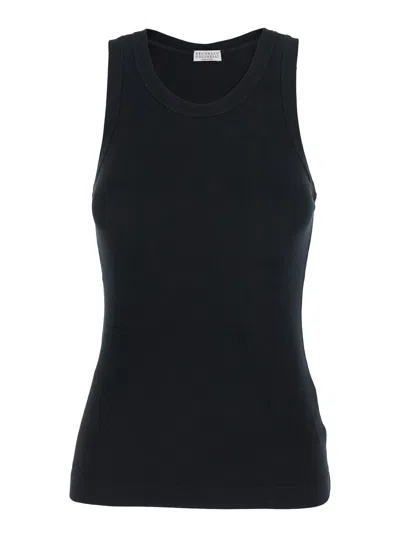 Brunello Cucinelli Black Sleeveless Top With Round Neck And Monil Detail On The Rear In Cotton Stretch Woman