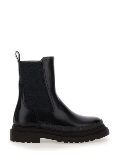 Brunello Cucinelli Black Slip-on Boots With Lug Sole And Monile In Leather Woman