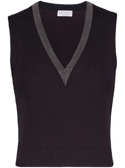 Brunello Cucinelli Black Stretch-cotton Monili Chain Detail V-neck Sweater For Women