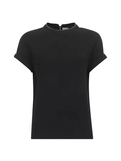 BRUNELLO CUCINELLI BLACK STRETCH JERSEY PRECIOUS FAUX LAYERING T-SHIRT