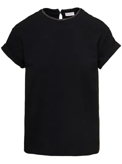 BRUNELLO CUCINELLI T-SHIRT WITH MONILE DETAIL IN COTTON