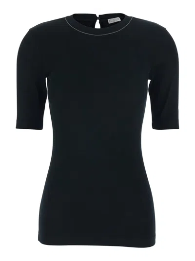 Brunello Cucinelli Black T-shirt With Round Neck And Three-quarter Sleeve In Cotton Woman