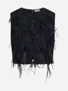 BRUNELLO CUCINELLI BLACK TROPICAL LUXURY WOOL TOP WITH DAZZLING FEATHER EMBROIDERY