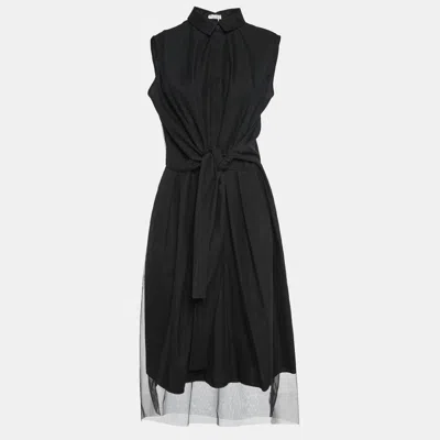 Pre-owned Brunello Cucinelli Black Tulle Waist Tie-up Detail Midi Dress L