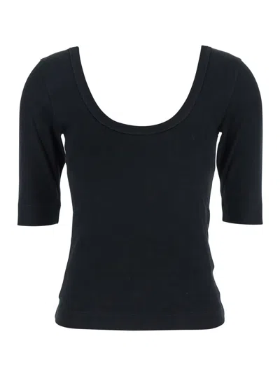 BRUNELLO CUCINELLI BLACK U-NECK T-SHIRT WITH BACK MONIL DETAIL IN COTTON WOMAN