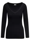 Brunello Cucinelli Black V-neck Pullover With Beads Detailing In Black