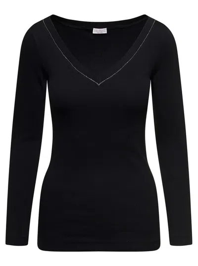Brunello Cucinelli Black V-neck Pullover With Beads Detailing In Stretch Cotton Woman