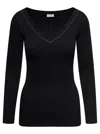 Brunello Cucinelli Black V-neck Pullover With Beads Detailing In Black