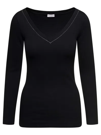 BRUNELLO CUCINELLI BRUNELLO CUCINELLI WOMEN BLACK V-NECK PULLOVER WITH BEADS DETAILING IN STRETCH COTTON WOMAN