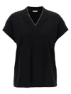 Brunello Cucinelli Black V-neck T-shirt With Monile Detail In Stretch Cotton Woman  In Black