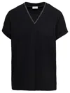 Brunello Cucinelli Black V-neck T-shirt With Monile Detail In Stretch Cotton Woman  In Black