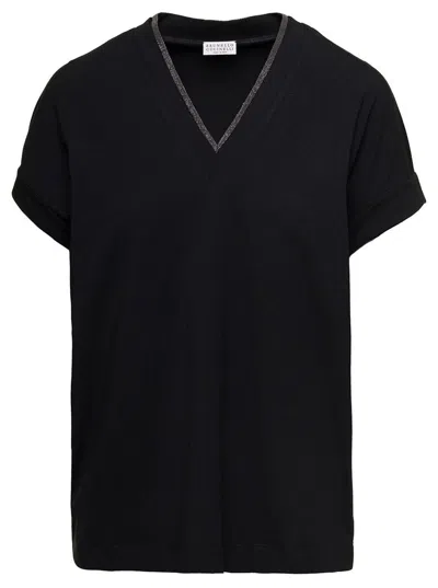 BRUNELLO CUCINELLI BLACK V-NECK T-SHIRT WITH  MONILE DETAIL